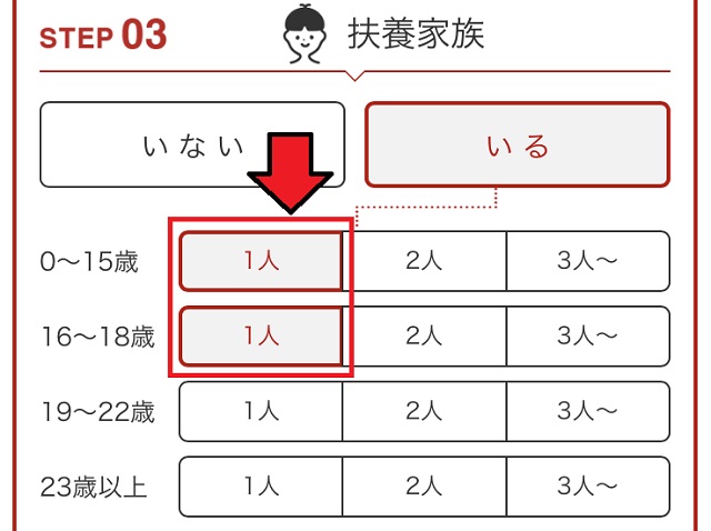 扶養家族の人数を選択